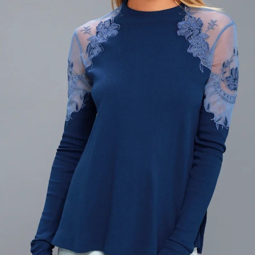 Free People Daniella Blue Lace Embroidered Sweater Top
